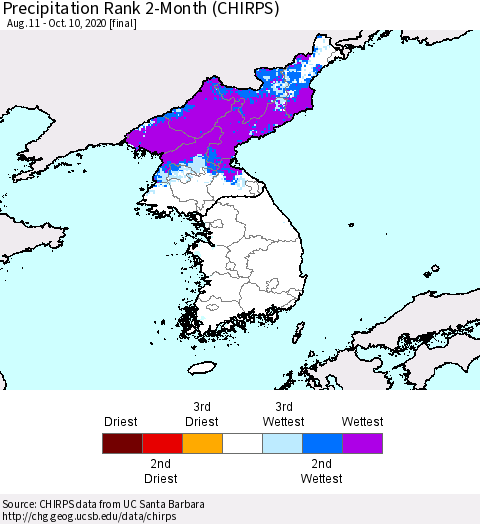 Korea Precipitation Rank 2-Month (CHIRPS) Thematic Map For 8/11/2020 - 10/10/2020