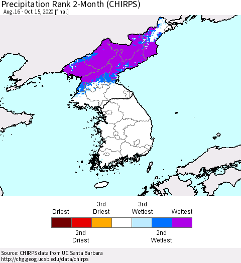 Korea Precipitation Rank 2-Month (CHIRPS) Thematic Map For 8/16/2020 - 10/15/2020