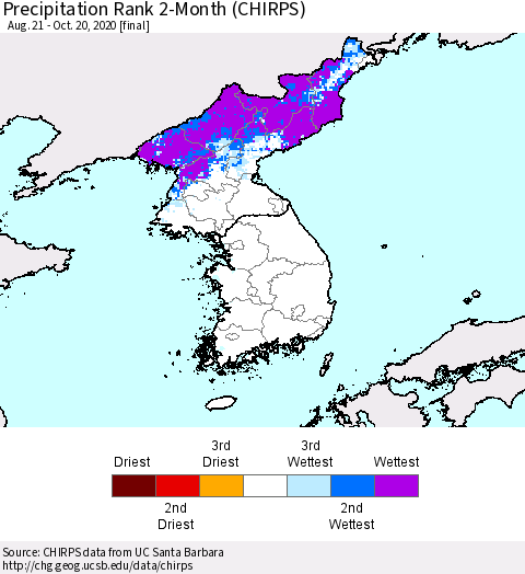 Korea Precipitation Rank 2-Month (CHIRPS) Thematic Map For 8/21/2020 - 10/20/2020