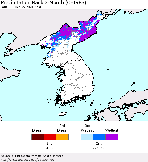Korea Precipitation Rank since 1981, 2-Month (CHIRPS) Thematic Map For 8/26/2020 - 10/25/2020