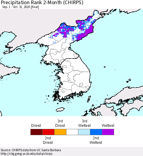 Korea Precipitation Rank 2-Month (CHIRPS) Thematic Map For 9/1/2020 - 10/31/2020