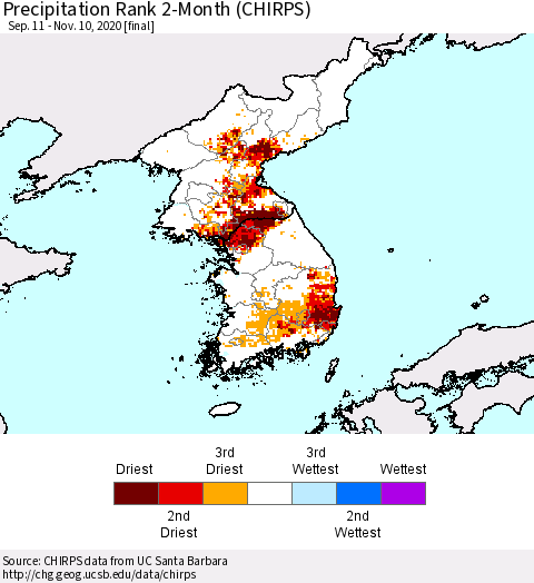 Korea Precipitation Rank since 1981, 2-Month (CHIRPS) Thematic Map For 9/11/2020 - 11/10/2020