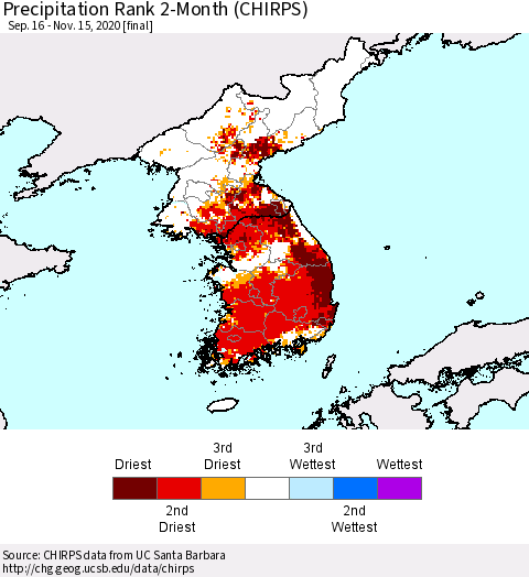 Korea Precipitation Rank since 1981, 2-Month (CHIRPS) Thematic Map For 9/16/2020 - 11/15/2020