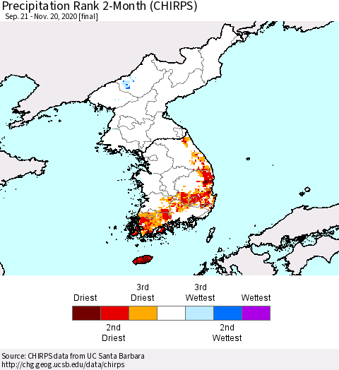 Korea Precipitation Rank 2-Month (CHIRPS) Thematic Map For 9/21/2020 - 11/20/2020