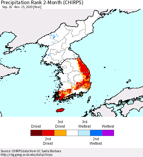 Korea Precipitation Rank since 1981, 2-Month (CHIRPS) Thematic Map For 9/26/2020 - 11/25/2020