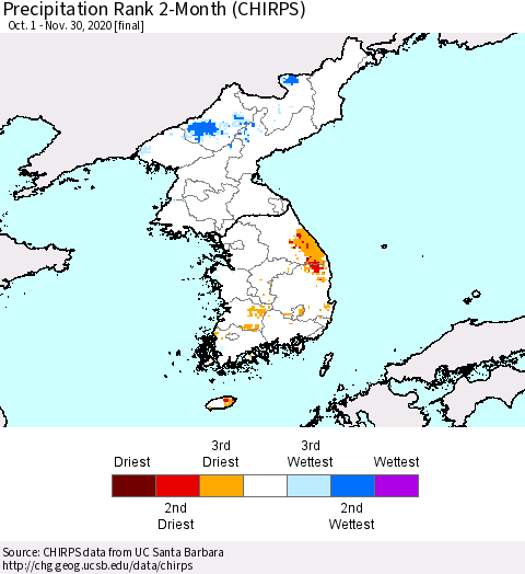 Korea Precipitation Rank 2-Month (CHIRPS) Thematic Map For 10/1/2020 - 11/30/2020