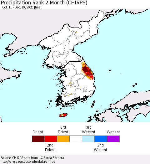 Korea Precipitation Rank 2-Month (CHIRPS) Thematic Map For 10/11/2020 - 12/10/2020