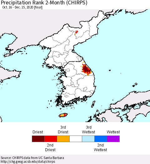 Korea Precipitation Rank 2-Month (CHIRPS) Thematic Map For 10/16/2020 - 12/15/2020
