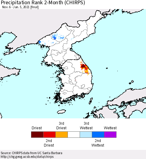 Korea Precipitation Rank 2-Month (CHIRPS) Thematic Map For 11/6/2020 - 1/5/2021