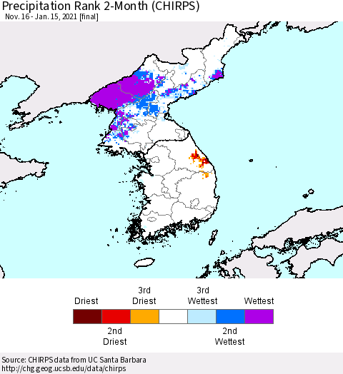 Korea Precipitation Rank since 1981, 2-Month (CHIRPS) Thematic Map For 11/16/2020 - 1/15/2021