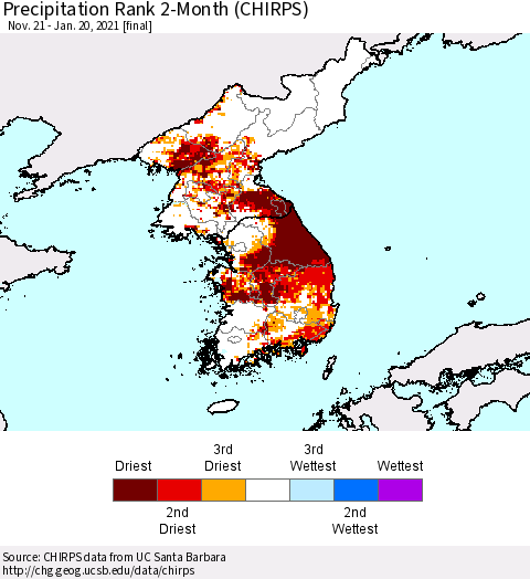Korea Precipitation Rank 2-Month (CHIRPS) Thematic Map For 11/21/2020 - 1/20/2021
