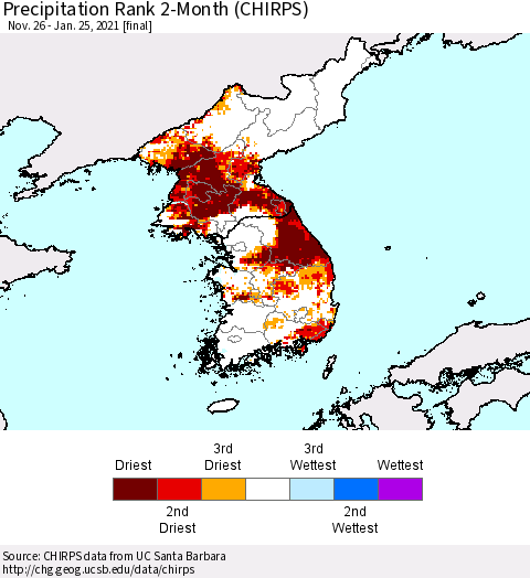 Korea Precipitation Rank since 1981, 2-Month (CHIRPS) Thematic Map For 11/26/2020 - 1/25/2021