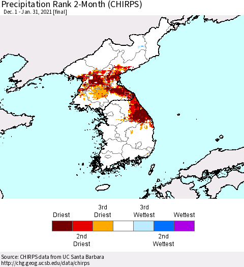 Korea Precipitation Rank 2-Month (CHIRPS) Thematic Map For 12/1/2020 - 1/31/2021