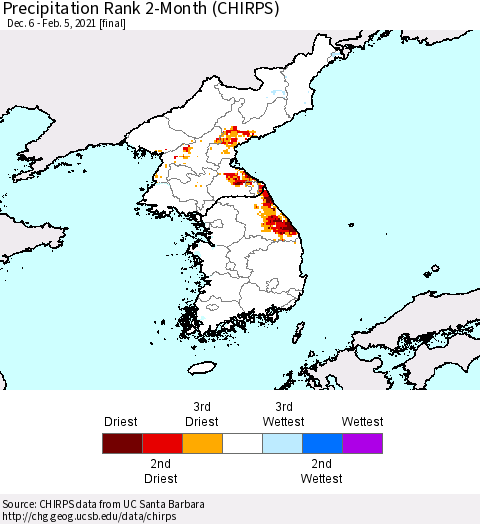 Korea Precipitation Rank since 1981, 2-Month (CHIRPS) Thematic Map For 12/6/2020 - 2/5/2021