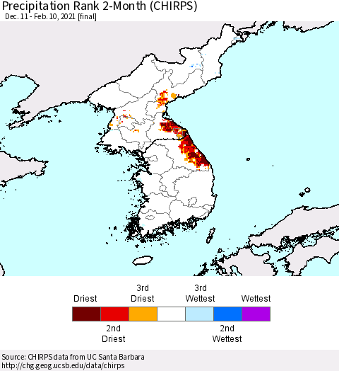 Korea Precipitation Rank 2-Month (CHIRPS) Thematic Map For 12/11/2020 - 2/10/2021
