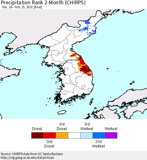 Korea Precipitation Rank 2-Month (CHIRPS) Thematic Map For 12/26/2020 - 2/25/2021