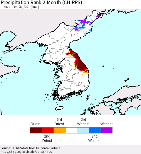 Korea Precipitation Rank 2-Month (CHIRPS) Thematic Map For 1/1/2021 - 2/28/2021