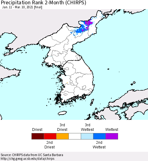 Korea Precipitation Rank 2-Month (CHIRPS) Thematic Map For 1/11/2021 - 3/10/2021