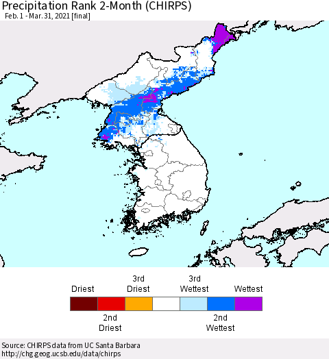 Korea Precipitation Rank since 1981, 2-Month (CHIRPS) Thematic Map For 2/1/2021 - 3/31/2021