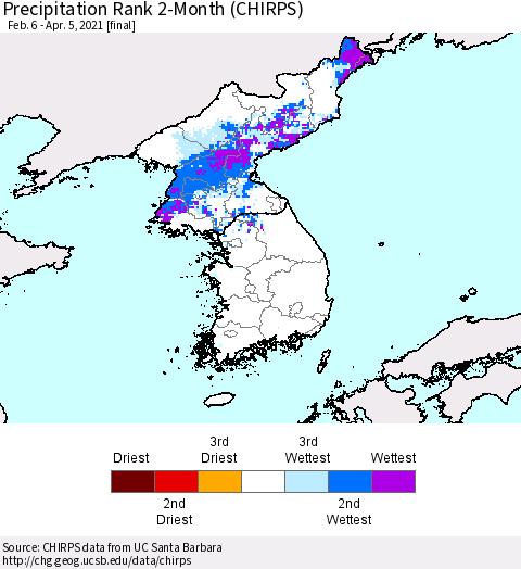 Korea Precipitation Rank 2-Month (CHIRPS) Thematic Map For 2/6/2021 - 4/5/2021