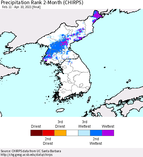 Korea Precipitation Rank since 1981, 2-Month (CHIRPS) Thematic Map For 2/11/2021 - 4/10/2021