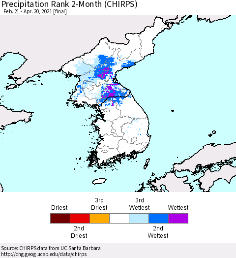 Korea Precipitation Rank 2-Month (CHIRPS) Thematic Map For 2/21/2021 - 4/20/2021
