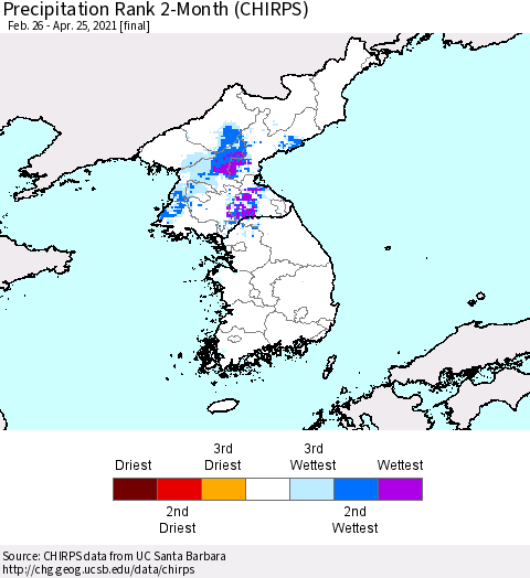Korea Precipitation Rank 2-Month (CHIRPS) Thematic Map For 2/26/2021 - 4/25/2021