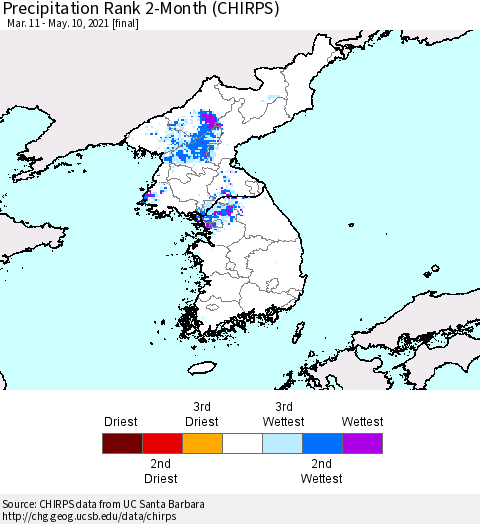 Korea Precipitation Rank 2-Month (CHIRPS) Thematic Map For 3/11/2021 - 5/10/2021