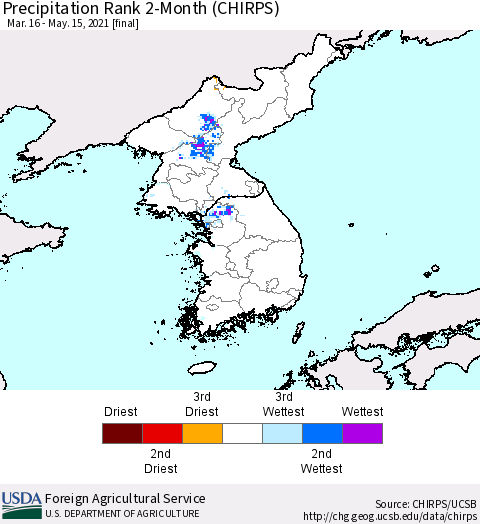 Korea Precipitation Rank 2-Month (CHIRPS) Thematic Map For 3/16/2021 - 5/15/2021