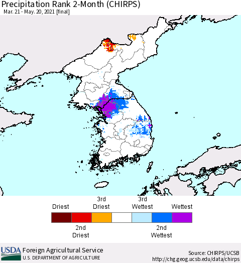 Korea Precipitation Rank since 1981, 2-Month (CHIRPS) Thematic Map For 3/21/2021 - 5/20/2021