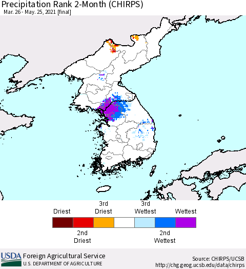 Korea Precipitation Rank 2-Month (CHIRPS) Thematic Map For 3/26/2021 - 5/25/2021