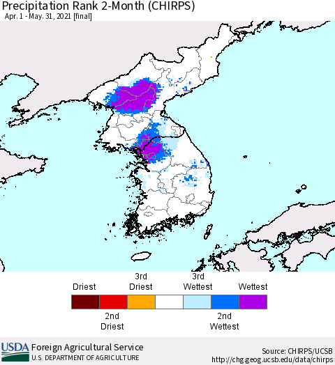 Korea Precipitation Rank since 1981, 2-Month (CHIRPS) Thematic Map For 4/1/2021 - 5/31/2021