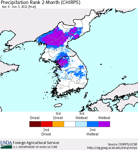 Korea Precipitation Rank since 1981, 2-Month (CHIRPS) Thematic Map For 4/6/2021 - 6/5/2021