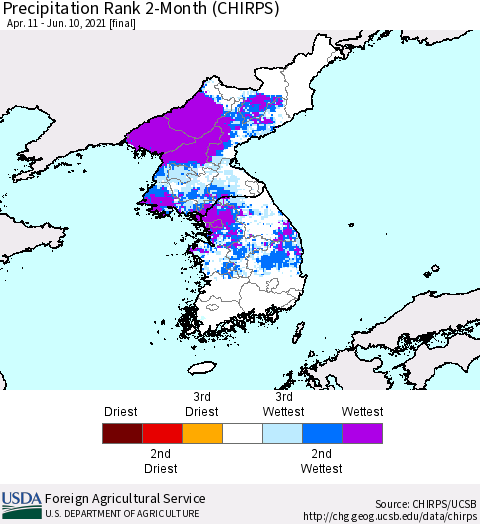 Korea Precipitation Rank since 1981, 2-Month (CHIRPS) Thematic Map For 4/11/2021 - 6/10/2021