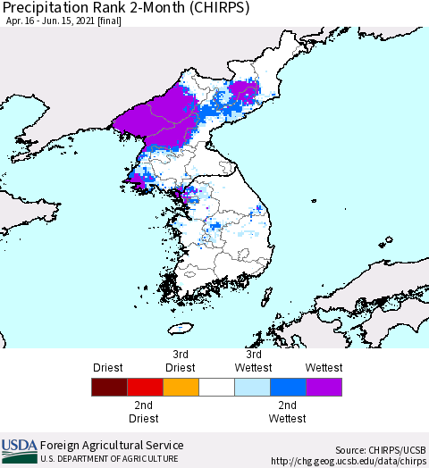 Korea Precipitation Rank since 1981, 2-Month (CHIRPS) Thematic Map For 4/16/2021 - 6/15/2021