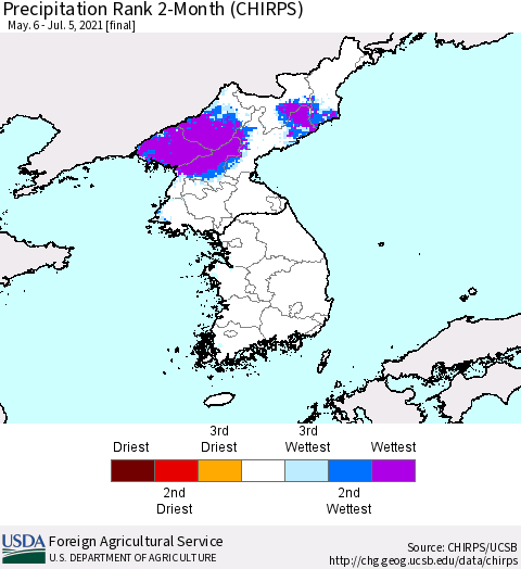 Korea Precipitation Rank since 1981, 2-Month (CHIRPS) Thematic Map For 5/6/2021 - 7/5/2021
