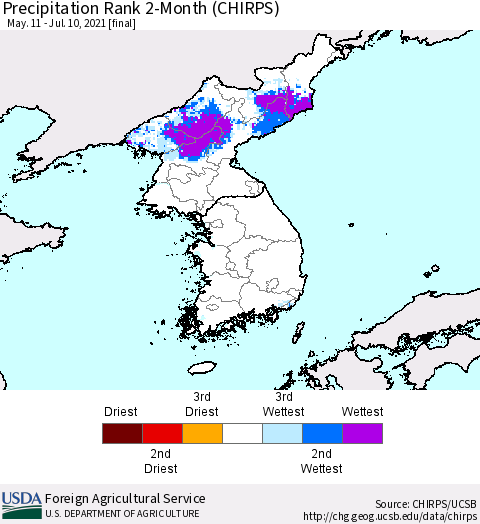 Korea Precipitation Rank since 1981, 2-Month (CHIRPS) Thematic Map For 5/11/2021 - 7/10/2021