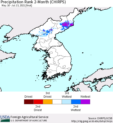 Korea Precipitation Rank 2-Month (CHIRPS) Thematic Map For 5/16/2021 - 7/15/2021