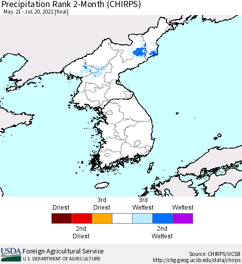 Korea Precipitation Rank since 1981, 2-Month (CHIRPS) Thematic Map For 5/21/2021 - 7/20/2021