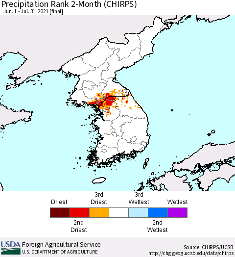 Korea Precipitation Rank since 1981, 2-Month (CHIRPS) Thematic Map For 6/1/2021 - 7/31/2021