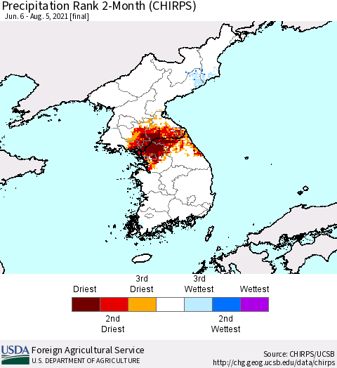 Korea Precipitation Rank since 1981, 2-Month (CHIRPS) Thematic Map For 6/6/2021 - 8/5/2021