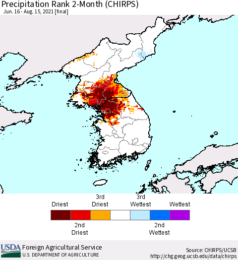 Korea Precipitation Rank since 1981, 2-Month (CHIRPS) Thematic Map For 6/16/2021 - 8/15/2021