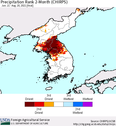 Korea Precipitation Rank since 1981, 2-Month (CHIRPS) Thematic Map For 6/21/2021 - 8/20/2021