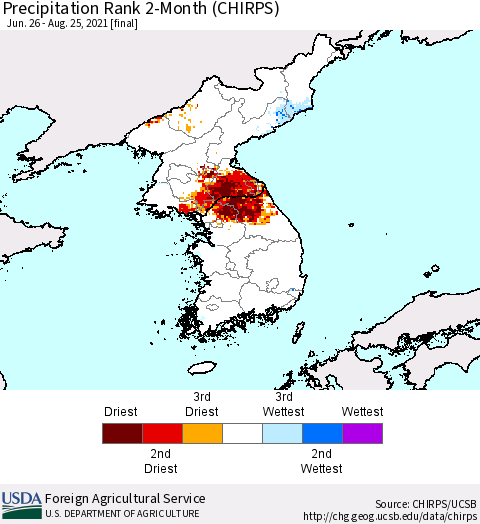 Korea Precipitation Rank since 1981, 2-Month (CHIRPS) Thematic Map For 6/26/2021 - 8/25/2021