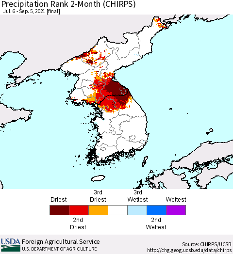 Korea Precipitation Rank since 1981, 2-Month (CHIRPS) Thematic Map For 7/6/2021 - 9/5/2021