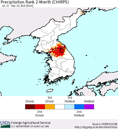 Korea Precipitation Rank since 1981, 2-Month (CHIRPS) Thematic Map For 7/11/2021 - 9/10/2021