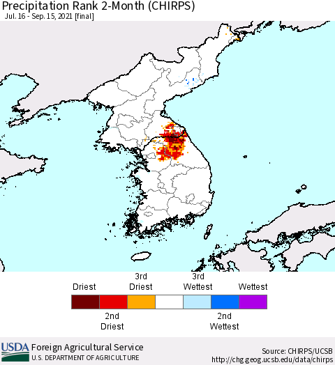 Korea Precipitation Rank since 1981, 2-Month (CHIRPS) Thematic Map For 7/16/2021 - 9/15/2021