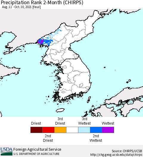 Korea Precipitation Rank since 1981, 2-Month (CHIRPS) Thematic Map For 8/11/2021 - 10/10/2021