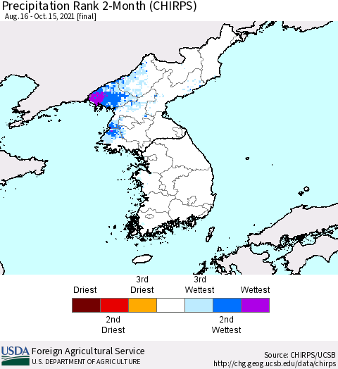 Korea Precipitation Rank since 1981, 2-Month (CHIRPS) Thematic Map For 8/16/2021 - 10/15/2021