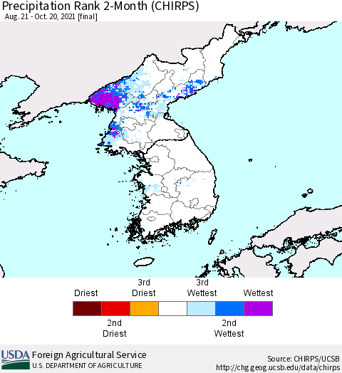 Korea Precipitation Rank since 1981, 2-Month (CHIRPS) Thematic Map For 8/21/2021 - 10/20/2021